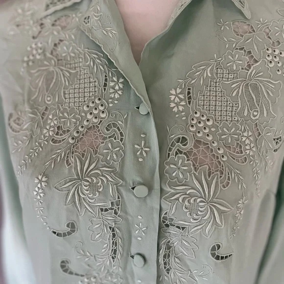 Vintage Silk Embroidered Mint Green Women's Top - Picture 3 of 8